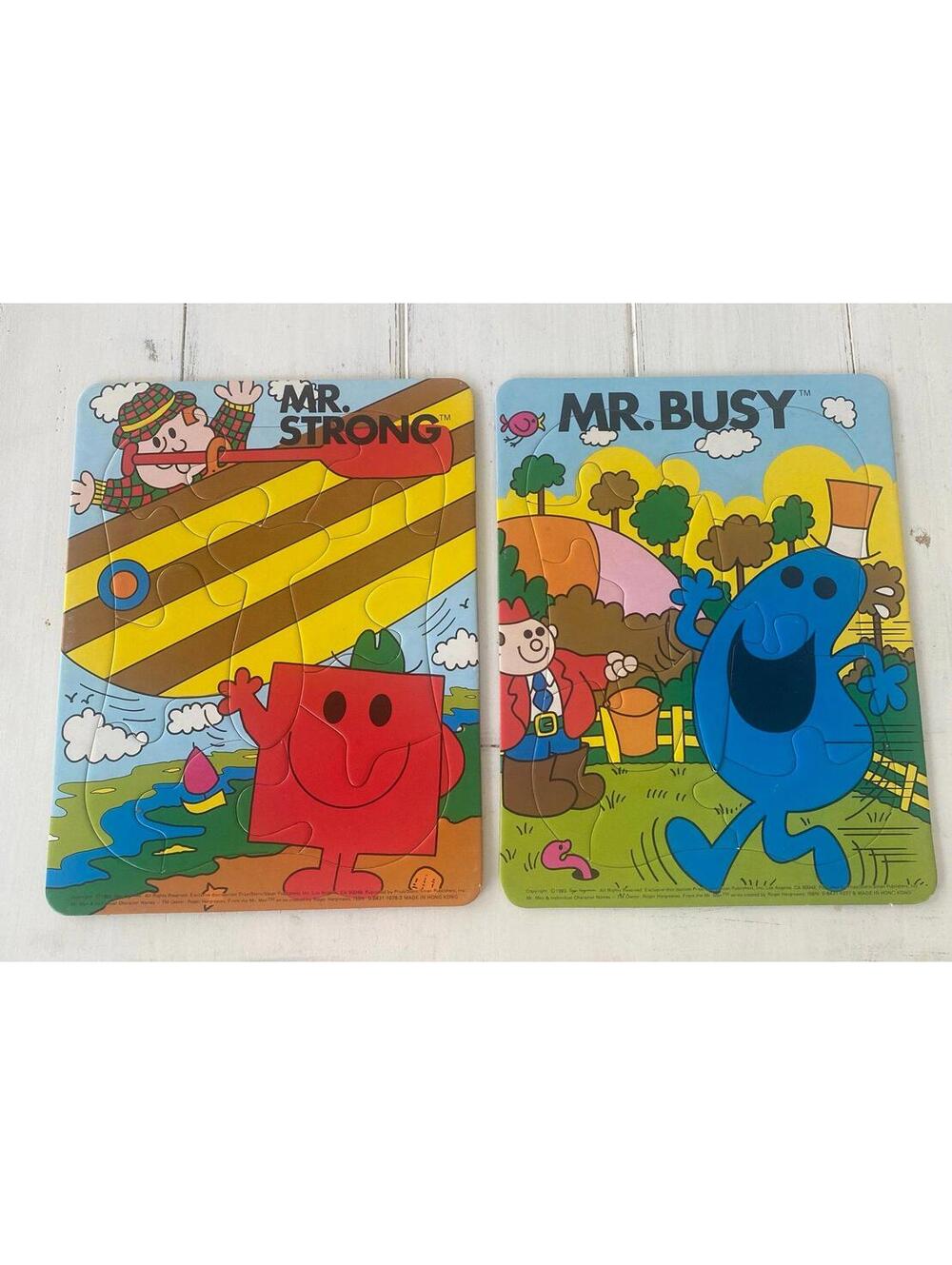 Vintage Mr. Men Little Miss Cardboard Puzzles (2) Mr Busy Mr Strong